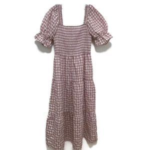 Plaid Square Neck Puff Sleeve Ruffle Flowy Beach Midi Dress